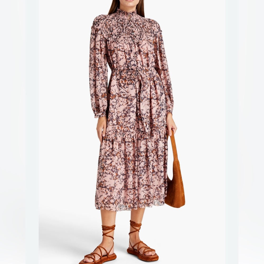 Joie Belted Shirred Baby Pink Floral Printed Silk Georgette Midi Dress